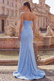 Satin Mermaid Blue Strapless Pearl Embellished Corset Long Ball Dress with Beading