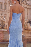Satin Mermaid Blue Strapless Pearl Embellished Corset Long Ball Dress with Beading