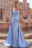 Blue Satin Mermaid Sweetheart Ruched Pearl Embellished Long Ball Dress with Beading