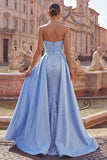 Blue Satin Mermaid Sweetheart Ruched Pearl Embellished Long Ball Dress with Beading