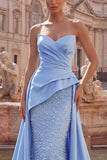 Blue Satin Mermaid Sweetheart Ruched Pearl Embellished Long Ball Dress with Beading
