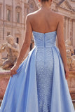 Blue Satin Mermaid Sweetheart Ruched Pearl Embellished Long Ball Dress with Beading