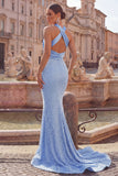 Pearl Embellished Mermaid Blue Satin Halter Neck Ruched Long Ball Dress with Beading