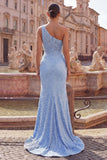 Pearl Embellished Mermaid One Shoulder Beaded Blue Long Ball Dress with Slit