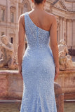 Pearl Embellished Mermaid One Shoulder Beaded Blue Long Ball Dress with Slit