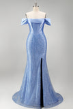 Mermaid Blue Off the Shoulder Pearl Embellished Corset Beaded Long Ball Dress with Slit