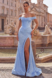 Mermaid Blue Off the Shoulder Pearl Embellished Corset Beaded Long Ball Dress with Slit