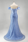 Mermaid Blue Off the Shoulder Pearl Embellished Corset Beaded Long Ball Dress with Slit