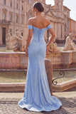 Mermaid Blue Off the Shoulder Pearl Embellished Corset Beaded Long Ball Dress with Slit