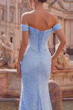 Mermaid Blue Off the Shoulder Pearl Embellished Corset Beaded Long Ball Dress with Slit