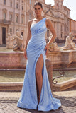 Blue One Shoulder Mermaid Beaded Ruched Pearl Embellished Long Ball Dress with Slit