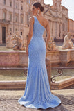 Blue One Shoulder Mermaid Beaded Ruched Pearl Embellished Long Ball Dress with Slit