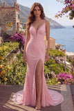 Pink Mermaid Beaded Spaghetti Straps Sequins Long Ball Dress with Slit