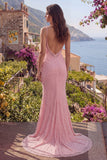 Pink Mermaid Beaded Spaghetti Straps Sequins Long Ball Dress with Slit