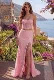 Pink Mermaid Beaded Strapless 2 Piece Corset Long Ball Dress with Slit