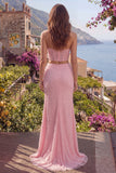 Pink Mermaid Beaded Strapless 2 Piece Corset Long Ball Dress with Slit
