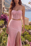 Pink Mermaid Beaded Strapless 2 Piece Corset Long Ball Dress with Slit