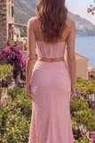 Pink Mermaid Beaded Strapless 2 Piece Corset Long Ball Dress with Slit
