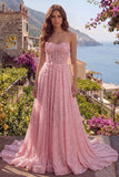 A-Line Pink Beaded Strapless Sequins Appliqued Corset Long Ball Dress with 3D Flowers