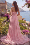 A-Line Pink Beaded Strapless Sequins Appliqued Corset Long Ball Dress with 3D Flowers