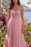 A-Line Pink Beaded Strapless Sequins Appliqued Corset Long Ball Dress with 3D Flowers