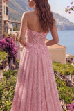 A-Line Pink Beaded Strapless Sequins Appliqued Corset Long Ball Dress with 3D Flowers