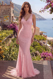 Pink Mermaid V-Neck Beaded Long Ball Dress with Sequins