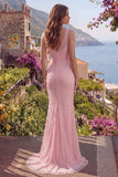 Pink Mermaid V-Neck Beaded Long Ball Dress with Sequins