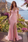 Pink Mermaid Sequins Cold Shoulder Beaded Long Ball Dress with Slit