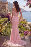 Pink Mermaid Sequins Cold Shoulder Beaded Long Ball Dress with Slit