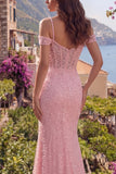 Pink Mermaid Sequins Cold Shoulder Beaded Long Ball Dress with Slit
