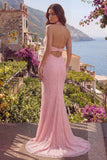 Sparkly Pink Mermaid Halter Neck Backless Sequins Long Ball Dress with Slit