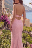 Sparkly Pink Mermaid Halter Neck Backless Sequins Long Ball Dress with Slit