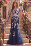 Navy Mermaid Cold Shoulder Tulle Floral Long Ball Dress with Appliques