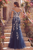 Navy Mermaid Cold Shoulder Tulle Floral Long Ball Dress with Appliques