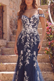 Navy Mermaid Cold Shoulder Tulle Floral Long Ball Dress with Appliques