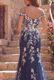 Navy Mermaid Cold Shoulder Tulle Floral Long Ball Dress with Appliques
