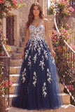 Navy A-Line Sweetheart Floral Tulle Long Ball Dress