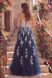 Navy A-Line Sweetheart Floral Tulle Long Ball Dress