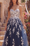Navy A-Line Sweetheart Floral Tulle Long Ball Dress
