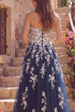 Navy A-Line Sweetheart Floral Tulle Long Ball Dress