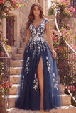 Tulle Navy A-Line V-Neck Floral Long Ball Dress with Slit