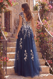 Tulle Navy A-Line V-Neck Floral Long Ball Dress with Slit