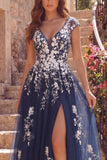 Tulle Navy A-Line V-Neck Floral Long Ball Dress with Slit
