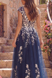 Tulle Navy A-Line V-Neck Floral Long Ball Dress with Slit