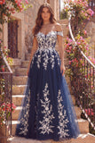 Navy Off the Shoulder A-Line Tulle Floral Long Ball Dress