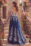 Navy Off the Shoulder A-Line Tulle Floral Long Ball Dress