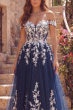 Navy Off the Shoulder A-Line Tulle Floral Long Ball Dress