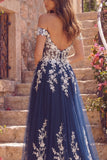 Navy Off the Shoulder A-Line Tulle Floral Long Ball Dress