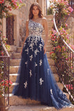 One Shoulder A-Line Tulle Corset Navy Floral Long Ball Dress with Appliques